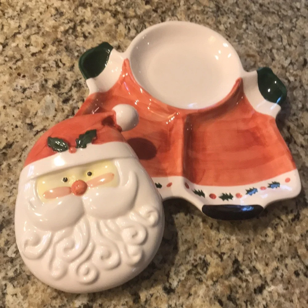 Vintage 1980's‎ Santa Chip & Dip Ceramic Divided Serving Platter